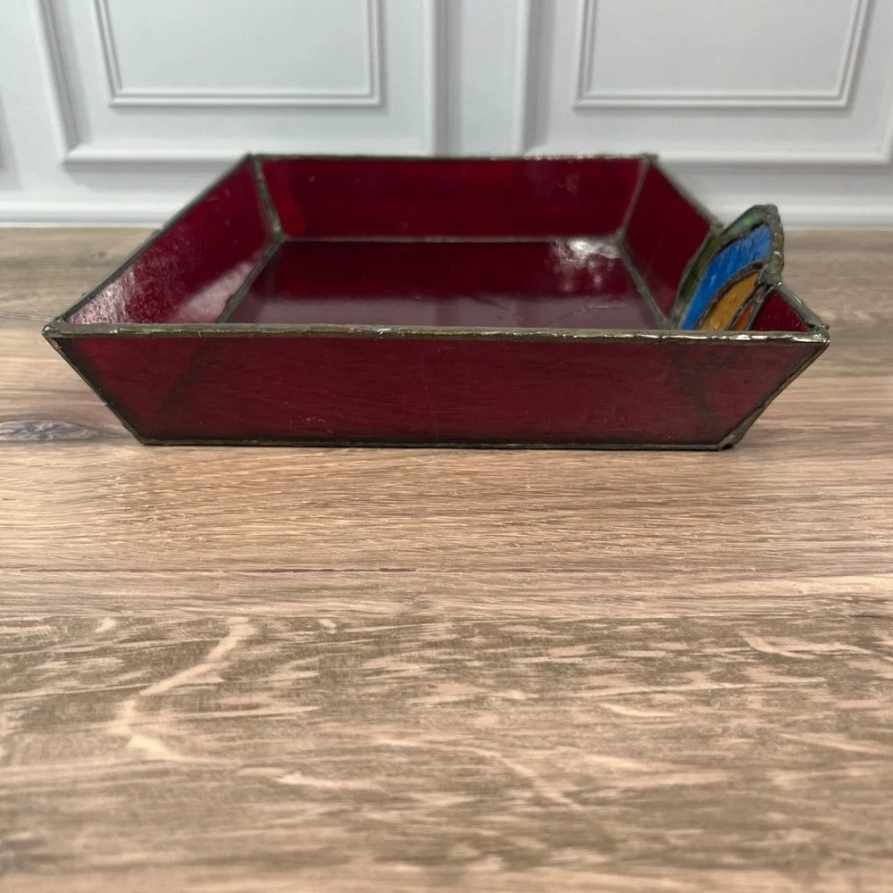 Stained Glass Vanity Catch Tray Red Art Deco Floral Catchall Dish